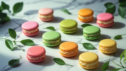 Colorful macarons arranged on a marble surface with green leaves scattered around.