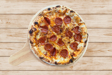 Delicious freshly baked pepperoni pizza on a wooden serving board, topped with melted cheese and crispy pepperoni slices, perfect for Italian cuisine lovers and food photography enthusiasts