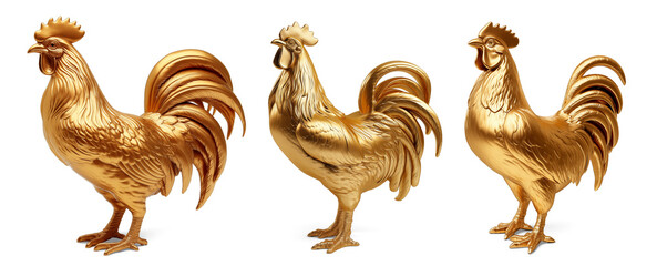 Golden Rooster Trio: Three stunning golden rooster statues gleam, representing prosperity and auspiciousness, perfect for various decorative purposes.