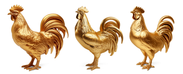Golden Rooster Trio: Three stunning golden rooster statues gleam, representing prosperity and auspiciousness, perfect for various decorative purposes.