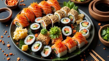 Sushi art in motion: Delicious salmon and avocado rolls, showcasing vibrant colors and textures for a mouthwatering culinary experience, perfect for food lovers