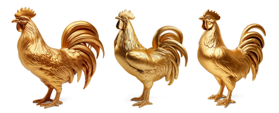Golden Rooster Trio: Three stunning golden rooster statues gleam, representing prosperity and auspiciousness, perfect for various decorative purposes.