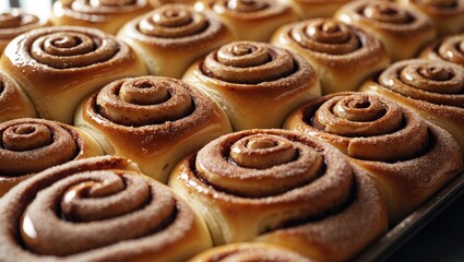Fototapeta premium Close-up of freshly baked cinnamon rolls with a swirl design. Delicious bakery treats, sweet pastries, and breakfast favorites. The image showcases warm, gooey cinnamon rolls.