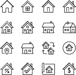 Real estate icons, home symbols, house icon set, mortgage icons, property line icons, realty, housing market, architecture, rent, buy