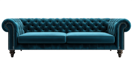Teal chesterfield sofa rendered with modern and sophisticated aesthetic for interior design projects, PNG, isolated on transparent background.