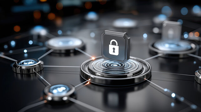 Secure digital network with interconnected nodes and central lock symbol representing cybersecurity and data protection