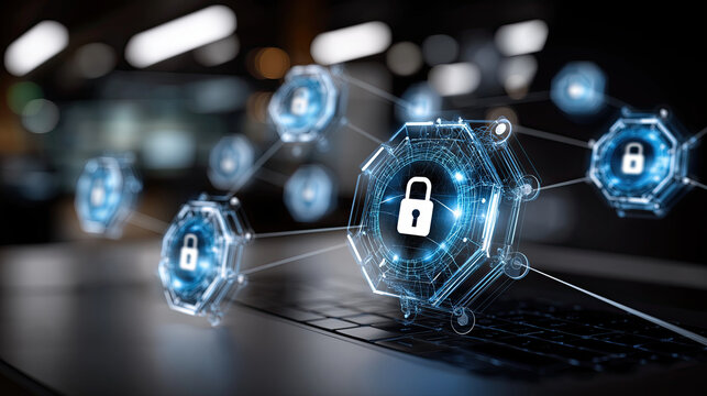 Secure digital network with interconnected lock icons representing cybersecurity and data protection. image conveys sense of safety and technology
