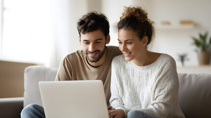 Happy couple using laptop together on sofa at home, enjoying online content and connection