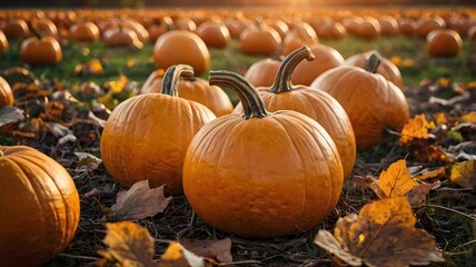 Big orange pumpkin with fall leaves at sunset