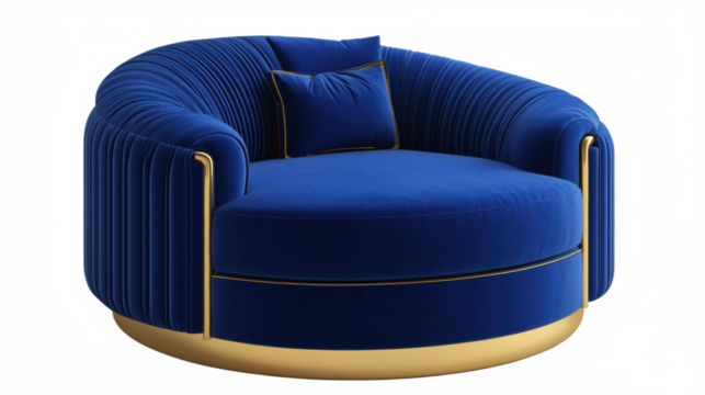 Blue velvet swivel chair with gold accents and matching pillows in luxurious modern interior, PNG, isolated on transparent background.