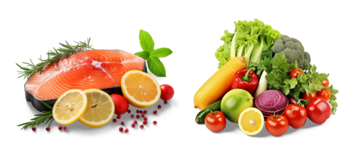 Nutrition's Symphony: A vibrant and enticing composition showcasing the harmonious fusion of fresh salmon and an array of colorful, nutritious vegetables, embodying health, balance.