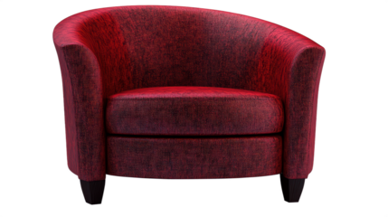 Red fabric tub chair featuring modern curves and comfort perfect for interior decor and product showcases, PNG, isolated on transparent background.