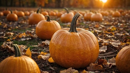 Big orange pumpkin with fall leaves at sunset