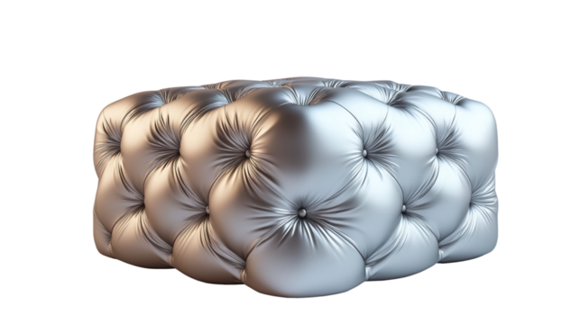 Silver button tufted ottoman with elegant modern design and smooth upholstery for interior styling, PNG, isolated on transparent background.