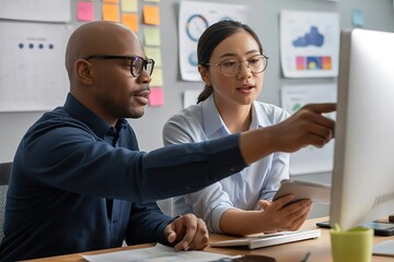 Diverse professionals collaborating effectively on digital strategy, brainstorming ideas in a bright modern office setting