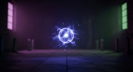 A glowing blue sphere with electric bolts floats in a dark, mysterious room with light from windows. Magical energy concept for Halloween.