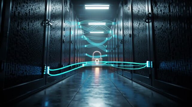 Futuristic cloud datacenter with glowing digital data streams symbolizing AI, blockchain and next-gen cloud technology
