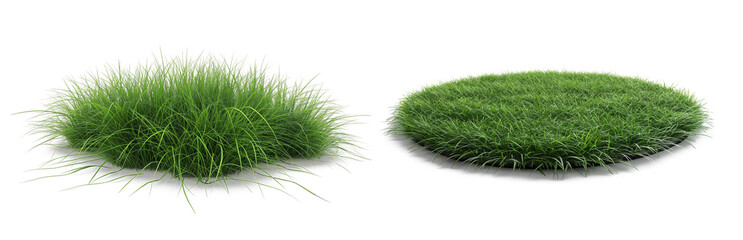 Green Grass Patch: A picturesque display of two separate vibrant, dense, circular patches of lush green grass, evoking a sense of freshness, environmental harmony and natural beauty.