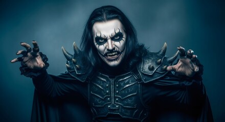 Fototapeta premium Scary vampire man with dark makeup and long hair, wearing armor and a cloak for Halloween celebration. Scaring people for October holiday.
