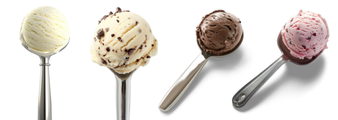 Ice Cream Scoops Delight: A close-up shot captures the refreshing charm of ice cream, with four different scoops each elegantly displayed in a silver spoon, inviting indulgence and sweetness