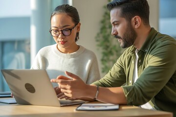 Fototapeta premium Focused diverse colleagues collaborating on project using laptop in bright modern office with natural light