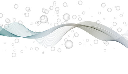 Bubbles rising various sizes with gradient line wave illustration on transparent background.