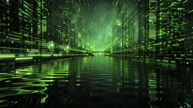 Red matrix digital waves with glowing data lines symbolizing cybersecurity threats, hacking and digital risk