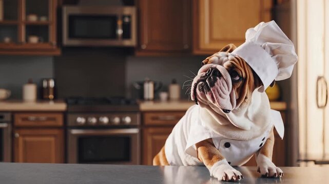 Bulldog wearing a chef's hat. Chef in a kitchen with a dog in costume. Funny funny funny funny. A chef-hatted bulldog lifestyle.