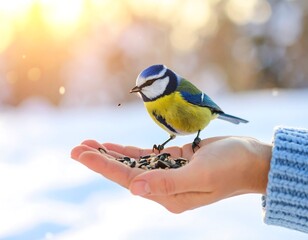 Gentle winter moments hand-feeding a vibrant blue tit bird surrounded by a soft bokeh background
