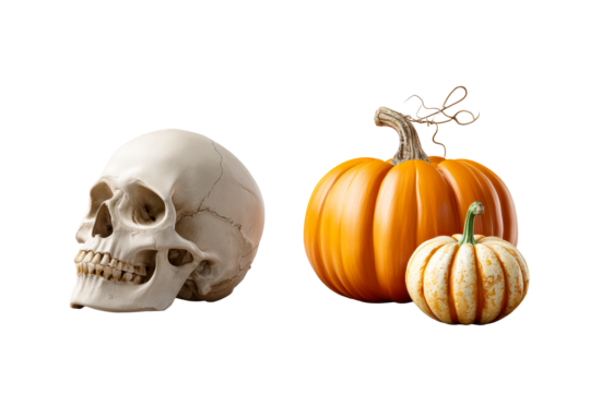 Halloween decorations with skull and pumpkins