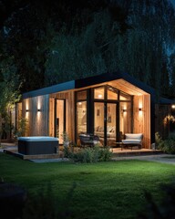 Modern cabin at night, lit by warm exterior lights