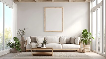 Modern living room interior design with sofa plants and frame mockup for art display and home decor