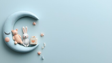 Soft blue crescent moon with plush bear and bunny toys, pastel stars and gift box on dreamy nursery background