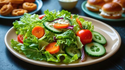 Fresh vegetable salad with lettuce, cucumber, cherry tomato, carrot, and red onion.