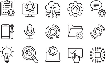 Technology line icons, settings symbols, software configuration, system update, cloud computing, tools, automation, innovation, tech interface, development, hardware