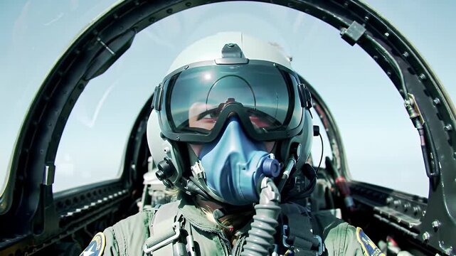 View From Inside Cockpit of Military Pilot in Visor Helmet and Oxygen Mask in Clear Blue Sky