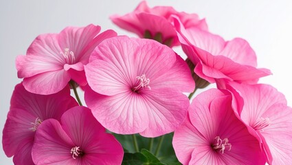 Obraz premium Vivid pink flowers from the genus Malva, showcasing intricate petals and stamens. Beautiful bloom with detailed structure.