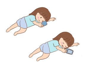 Girl Lying Down with Smartphone Illustration / スマホを見る女の子のイラスト