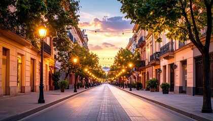European City Street at Sunset with Historic Buildings and Trees.