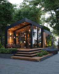 Fototapeta premium Modern cabin with a hot tub, surrounded by greenery