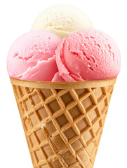  Triple-scoop ice cream cone with vibrant flavors isolated on transparent background
