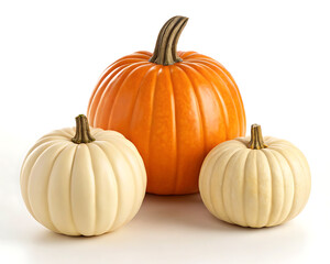 Fototapeta premium Arrangement of one orange and two white pumpkins on a white surface in a studio setting