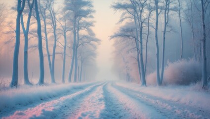 Fototapeta premium Snowy landscape with a treeline and a snow-covered road during twilight or dawn. Winter scenery with frost and mist. Cold and tranquil environment.