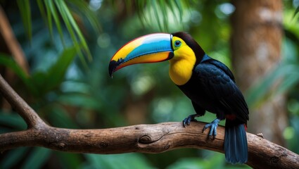 Obraz premium Colorful toucan perched on a branch in lush tropical rainforest environment. Bird species, nature photography, vibrant wildlife, exotic animals, rainforest habitat, tropical bird.