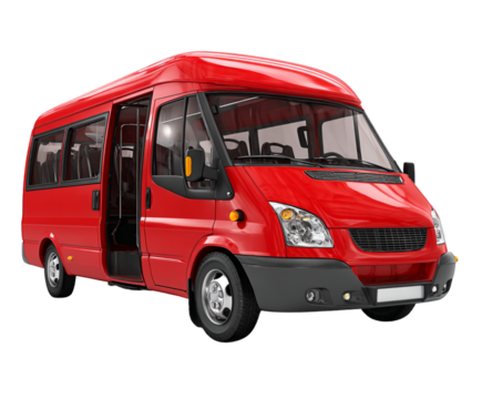 Red school minibus with open door, white background