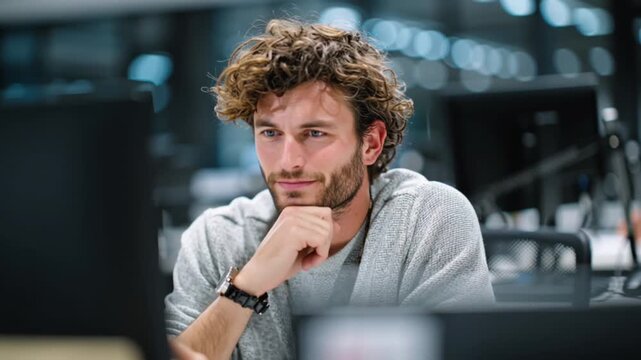 Young businessman brainstorming creative content ideas in modern startup office