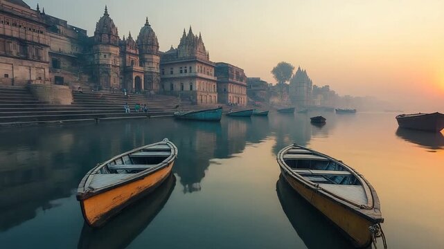 inidan varanasi ghats at sunrise on the ganges river video timelapse