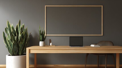 Modern home office setup with desk, laptop, snake plants, and blank frame for mockup template design