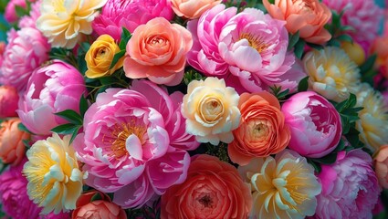 Colorful bouquet of flowers with pink, yellow, and orange roses and peonies. Bright floral arrangement with vibrant blossoms.