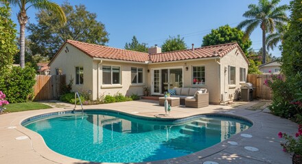 Fototapeta premium Cozy Single-Story Home with Private Backyard Pool and Relaxing Outdoor Seating